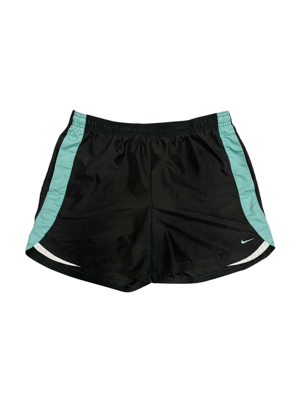 Nike Running Shorts Womens M Black Teal Athletic Curved Hem Swoosh Activewear